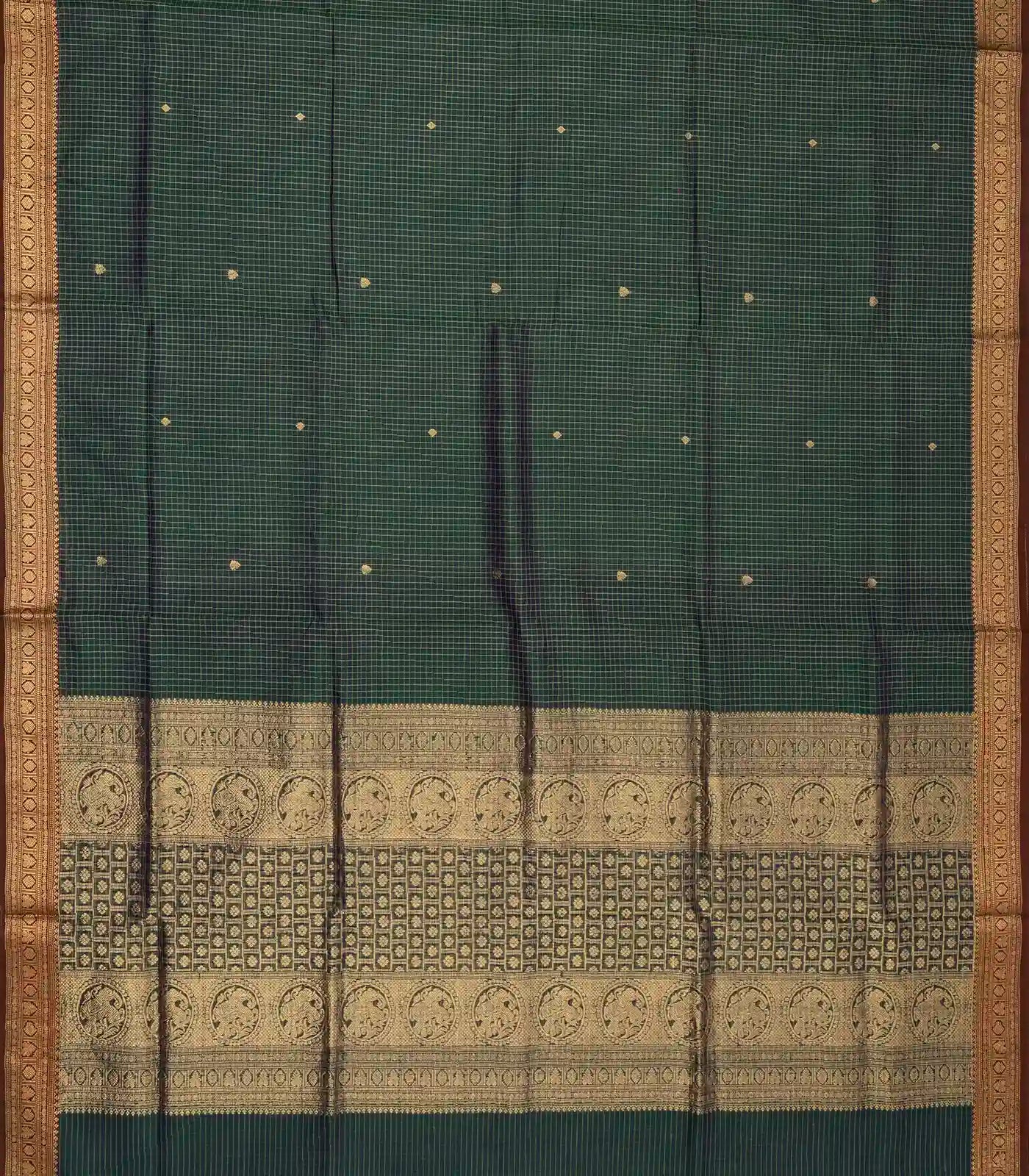 Bottle Green Handloom Silk Cotton Saree With Checks & Buttas