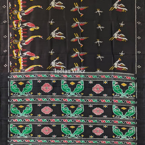 Charcoal Black Parrot and Flamingo Contemporary Silk Saree