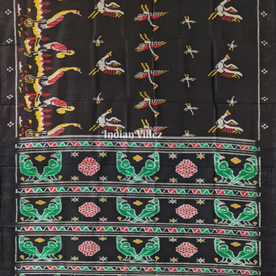 Charcoal Black Parrot and Flamingo Contemporary Silk Saree