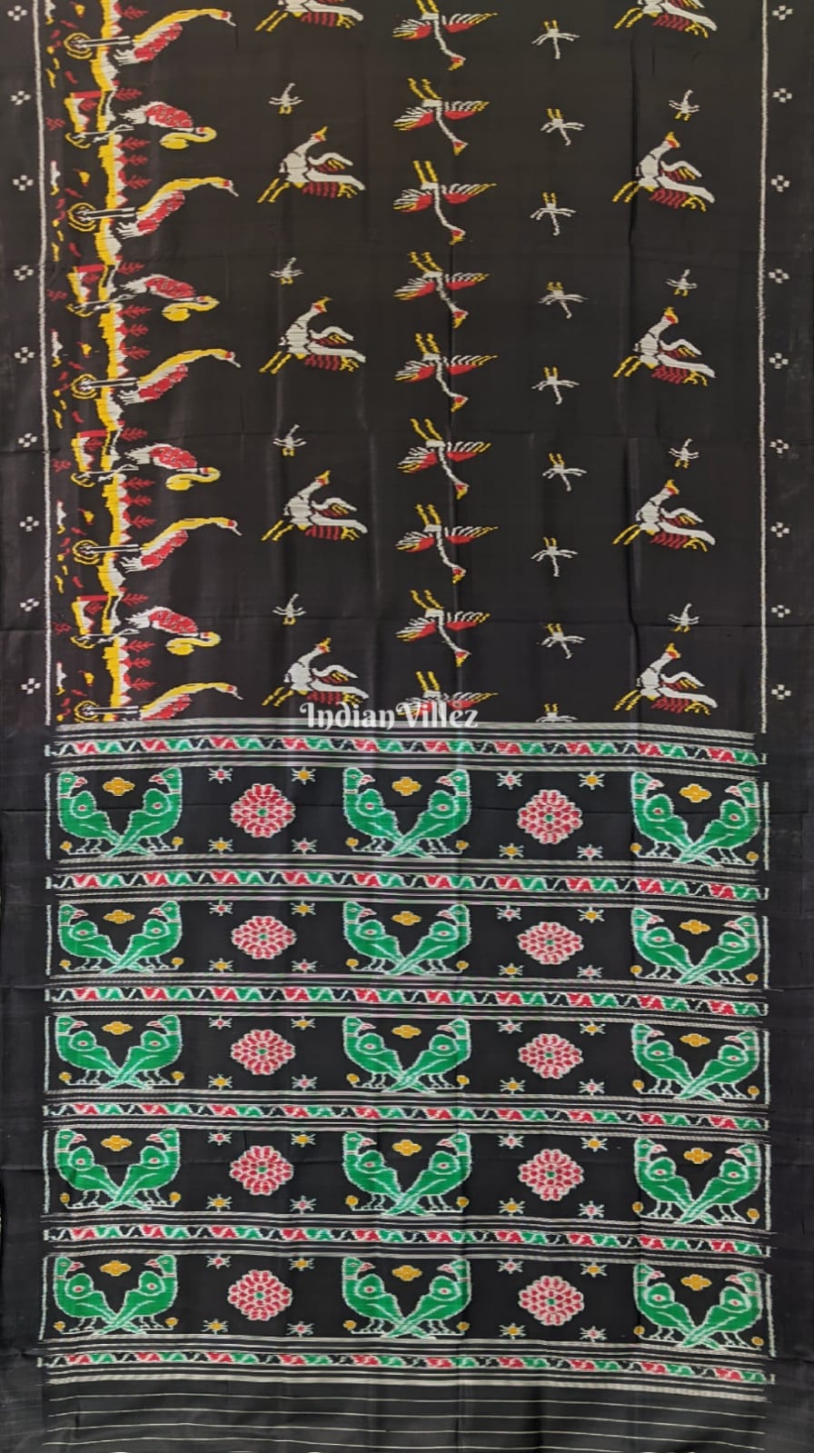Charcoal Black Parrot and Flamingo Contemporary Silk Saree