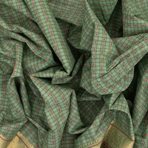 Shadow Green Handloom Kanchi Cotton Saree With Checks & Diamond Motifs
