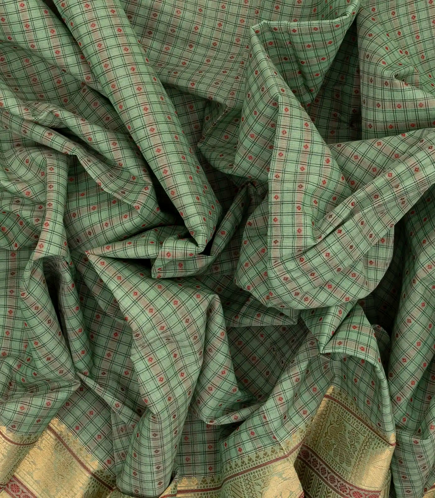 Shadow Green Handloom Kanchi Cotton Saree With Checks & Diamond Motifs