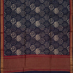 Navy Blue Handloom Tussar Silk Saree With Printed Tree Motifs