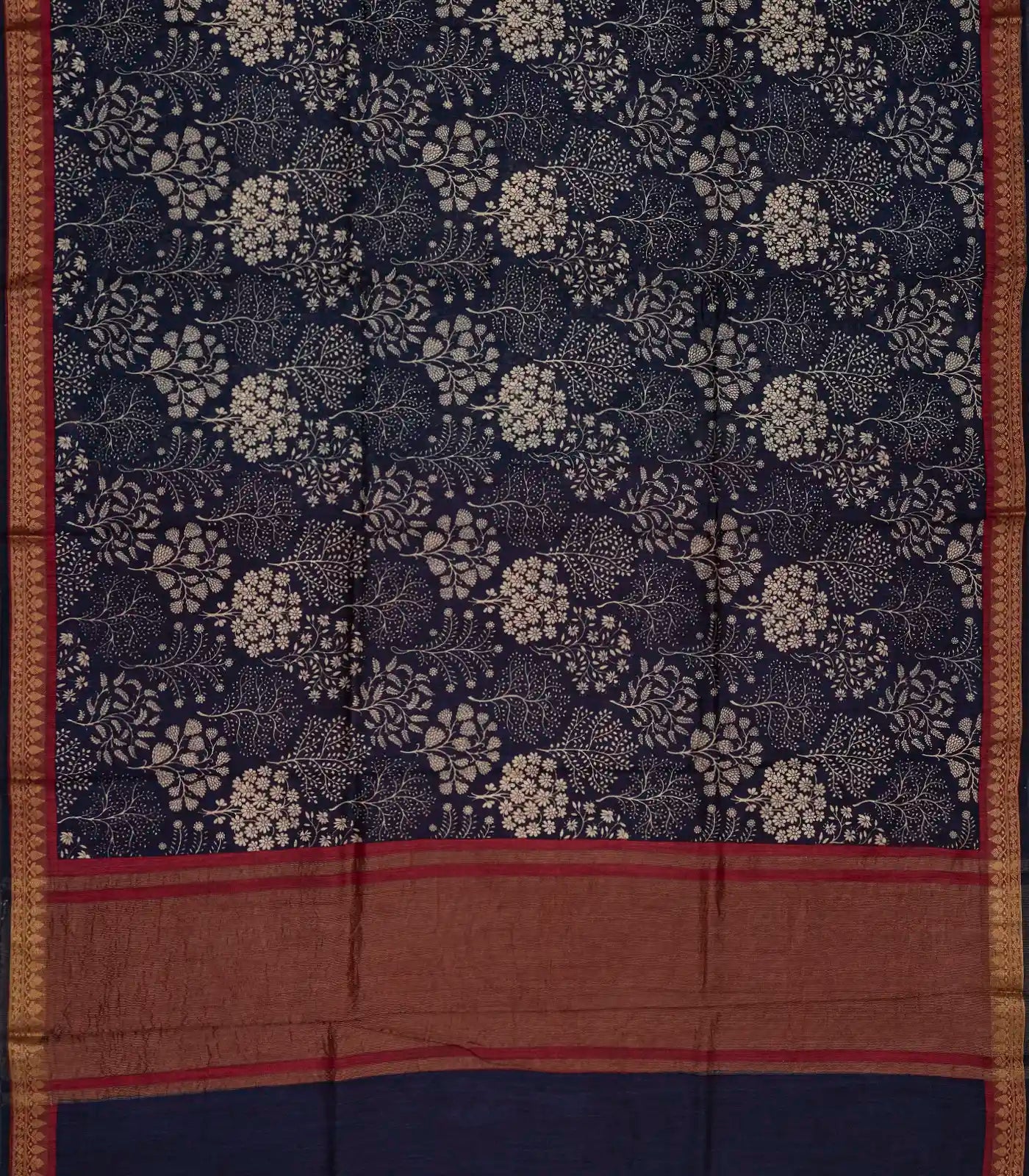 Navy Blue Handloom Tussar Silk Saree With Printed Tree Motifs