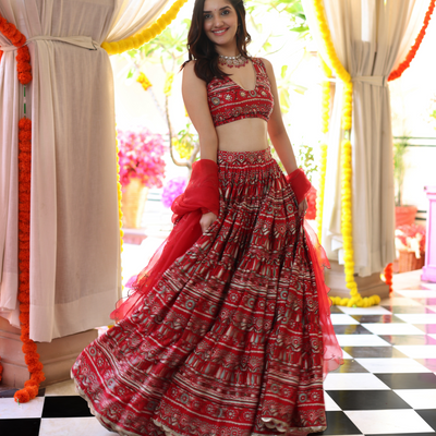 Red Hibiscus Haven Printed Satin Lehenga Set
