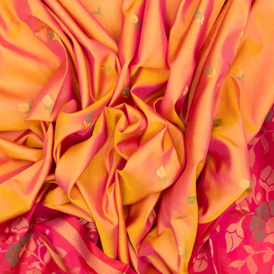 Orange Handloom Uppada Silk Saree With Floral Buttas & Pink Border