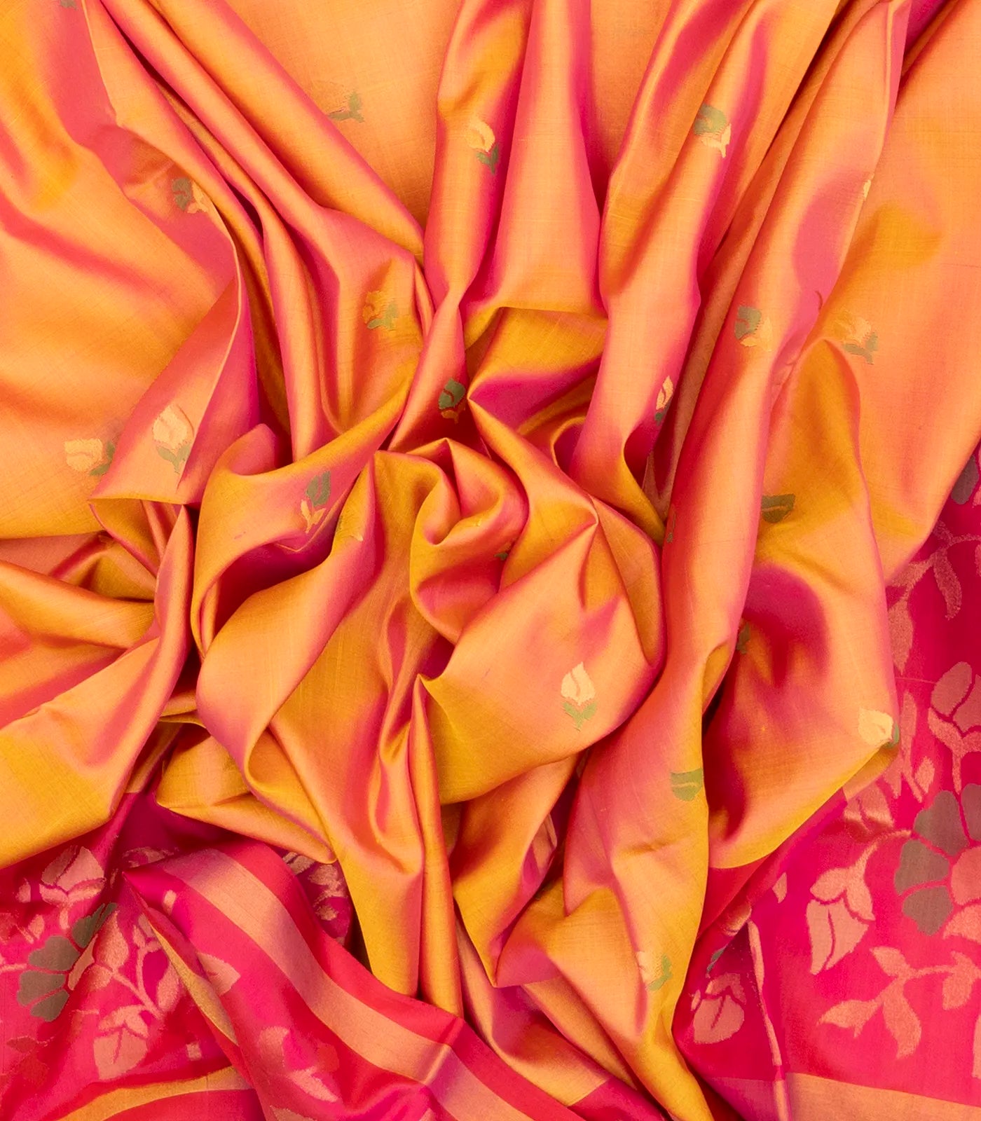 Orange Handloom Uppada Silk Saree With Floral Buttas & Pink Border