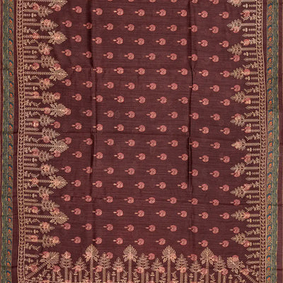 Rosy  Brown Handloom Tussar Silk Saree With Printed & Embroidery Motifs-Rosybrown