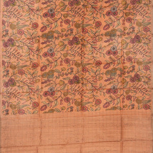 Peach Handloom Tussar Silk Saree Printed With Floral Vine Motifs