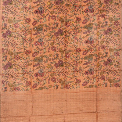 Peach Handloom Tussar Silk Saree Printed With Floral Vine Motifs
