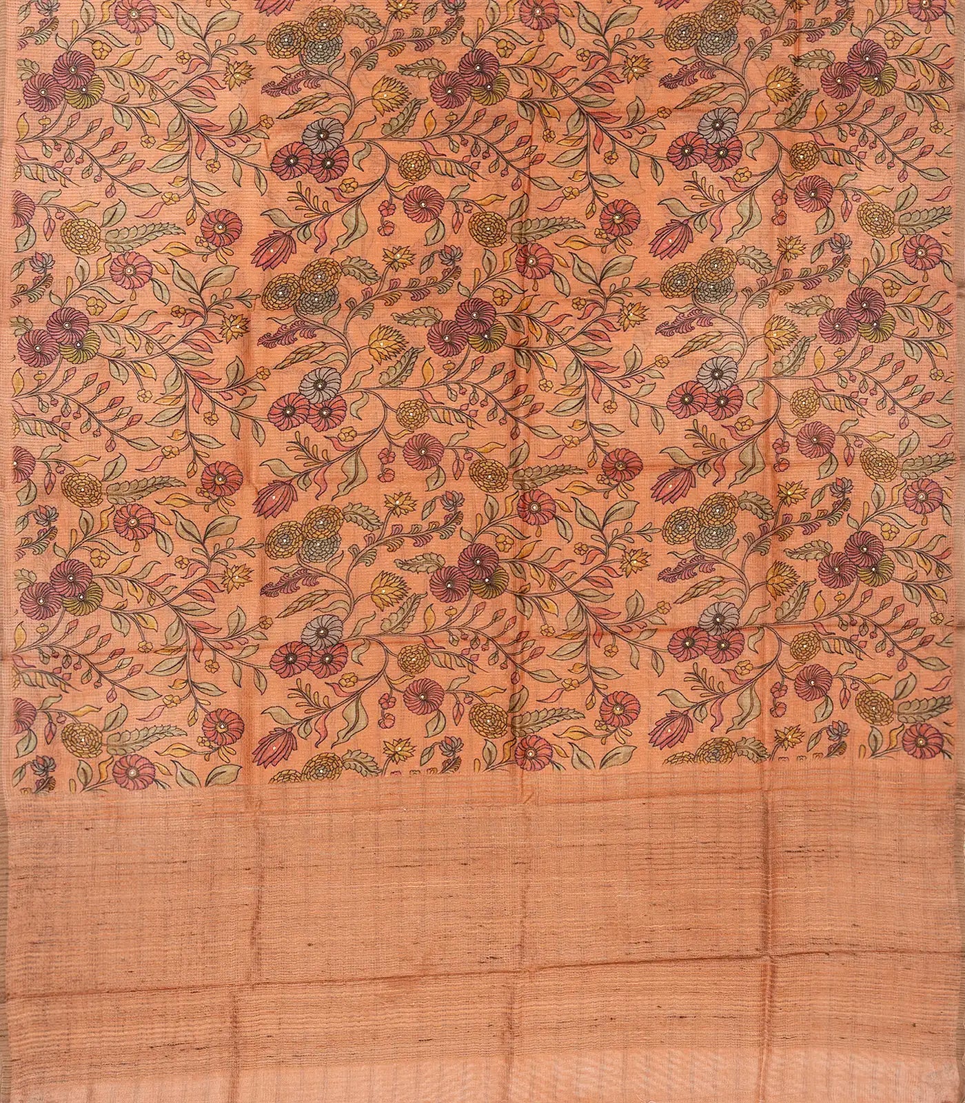 Peach Handloom Tussar Silk Saree Printed With Floral Vine Motifs