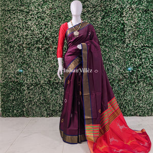 Wine with Orange Handwoven Soft Silk Saree