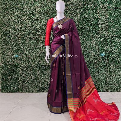 Wine with Orange Handwoven Soft Silk Saree