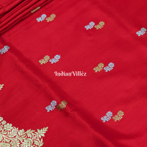 Red Floral Motif Designer Banarasi Katan Silk Saree