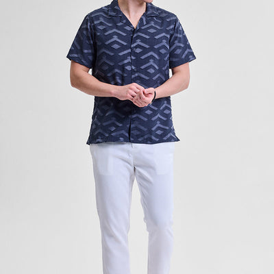 Dark Blue Geometric Box Fit Shirt