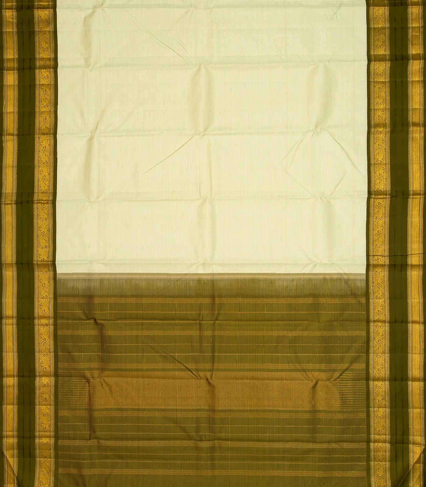 Light Green Handloom Kanchipuram Korvai Silk Saree With Stripes