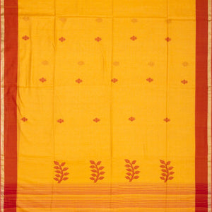 Mustard Handloom Bengal Cotton Saree With Stripes & Buttas