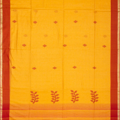 Mustard Handloom Bengal Cotton Saree With Stripes & Buttas