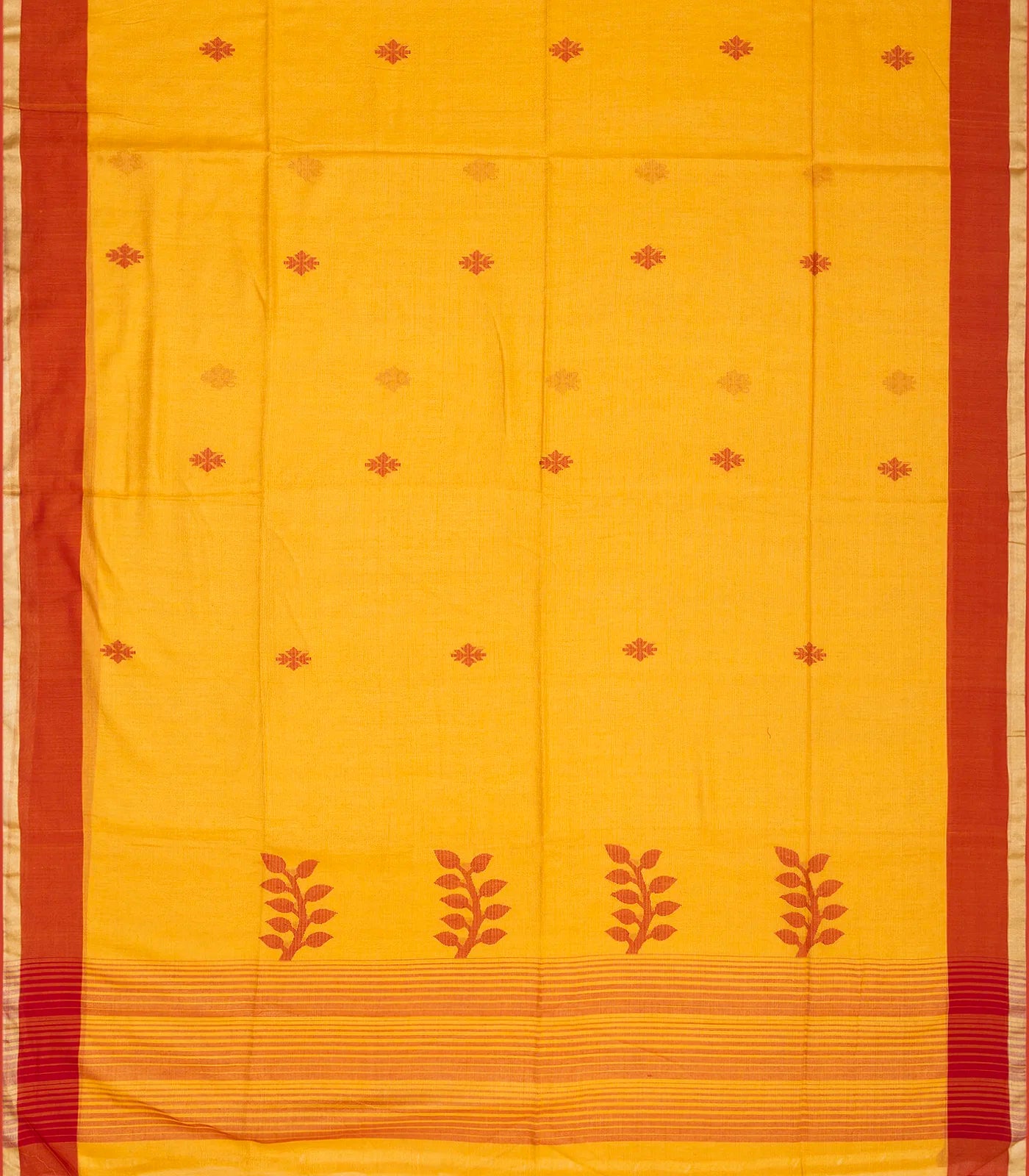 Mustard Handloom Bengal Cotton Saree With Stripes & Buttas