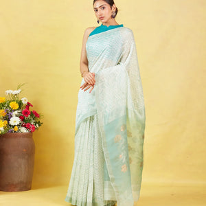 White Handloom Tussar Silk Saree With Chevron Motifs