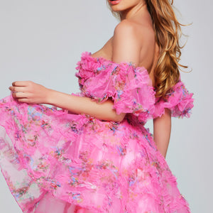 Print Short Off Shoulder Ruffled Dress by Jovani 42573