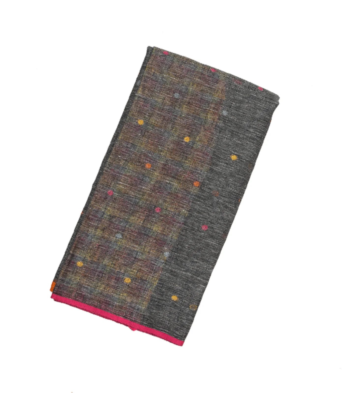 Dark Grey Handloom Linen Saree With Coin Buttas