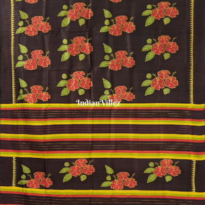 Chocolate Brown Floral Theme Contemporary Silk Saree