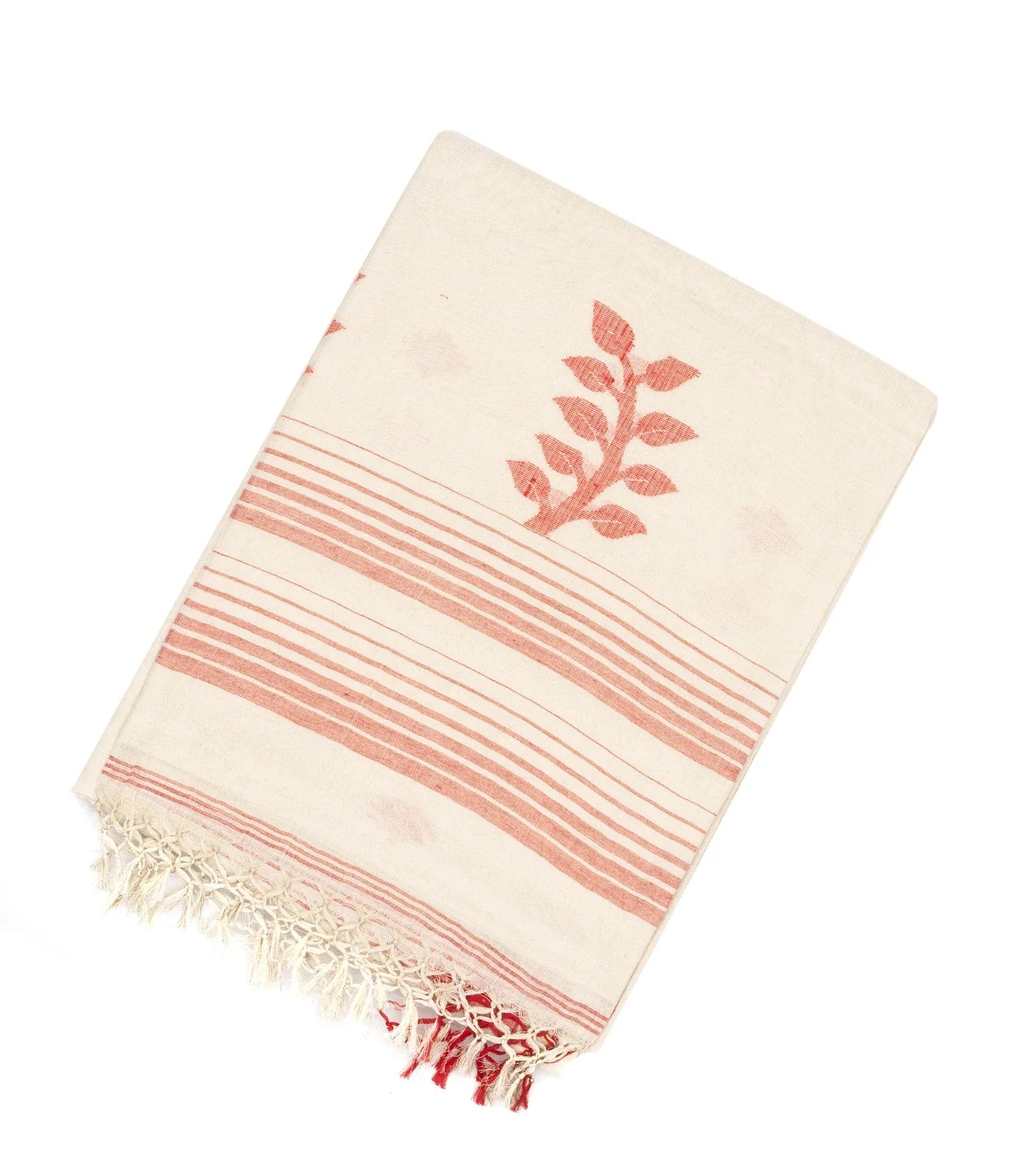 White Handloom Bengal Cotton Saree With Stripes & Buttas
