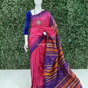 Pink Purple Fish/Flower Motif Contemporary Silk Saree