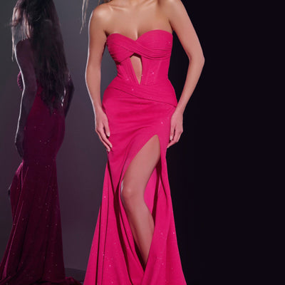 Glitter Fitted Strapless Slit Gown by Jovani 43065