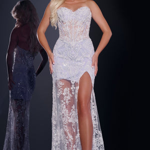 Lace Fitted Strapless Slit Gown by Jovani 43184