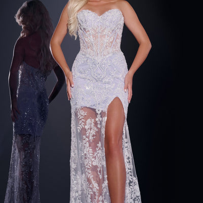 Lace Fitted Strapless Slit Gown by Jovani 43184