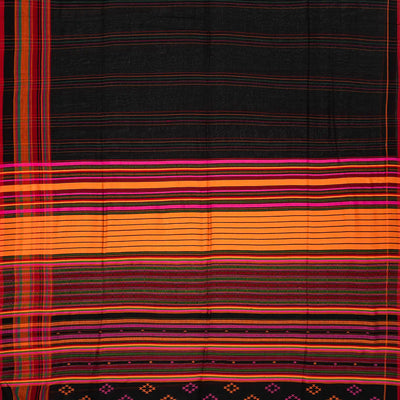 Black Handloom Bengal Cotton Saree With Multi Stripes