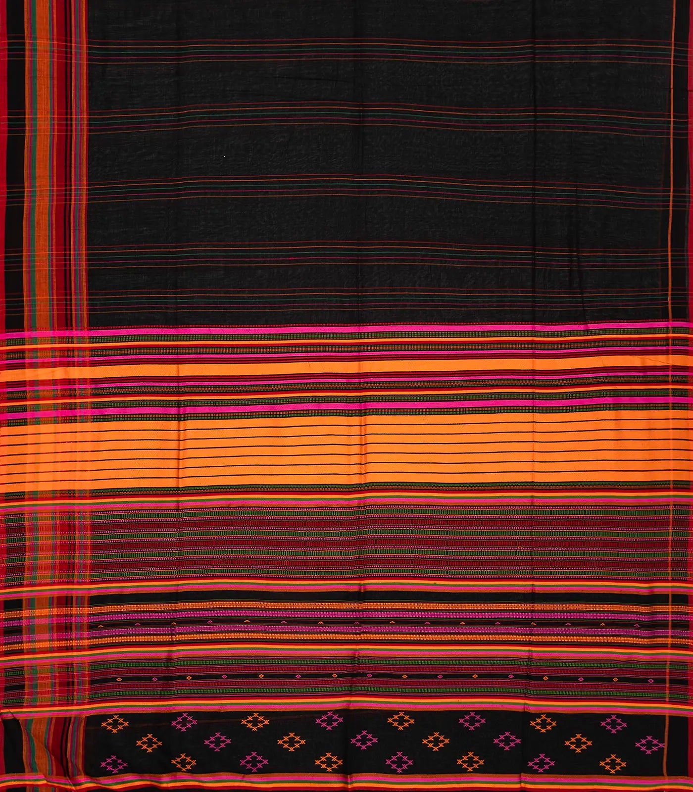 Black Handloom Bengal Cotton Saree With Multi Stripes