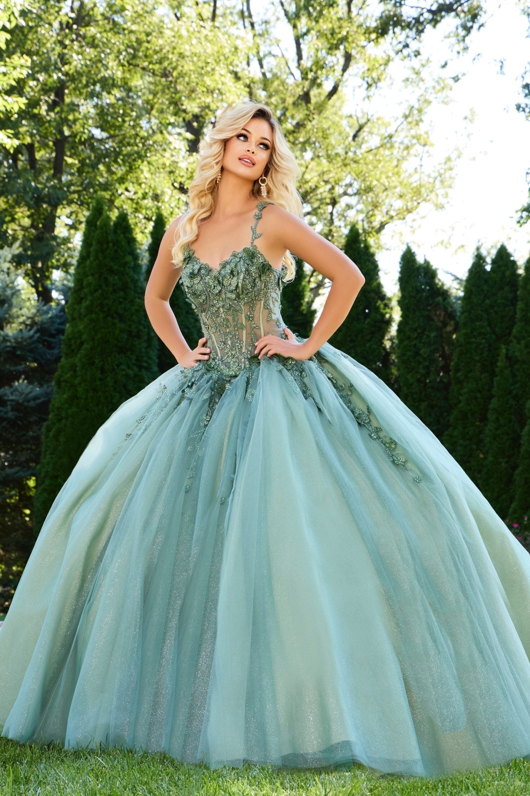 Jovani 43437 Long Ball Gown Floral Appliques Quinceanera Dress