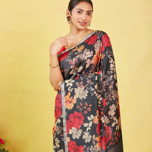 Black Handloom Tussar Silk Saree With Printed Floral Motifs