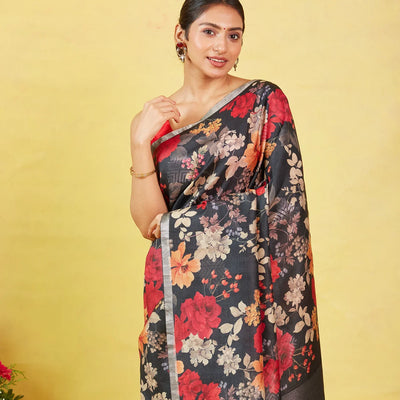 Black Handloom Tussar Silk Saree With Printed Floral Motifs
