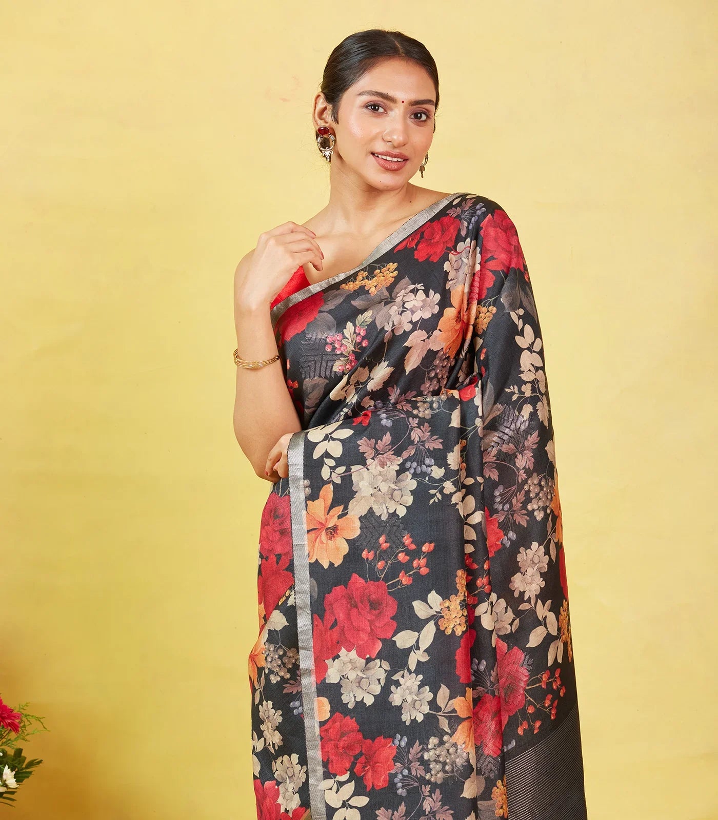 Black Handloom Tussar Silk Saree With Printed Floral Motifs