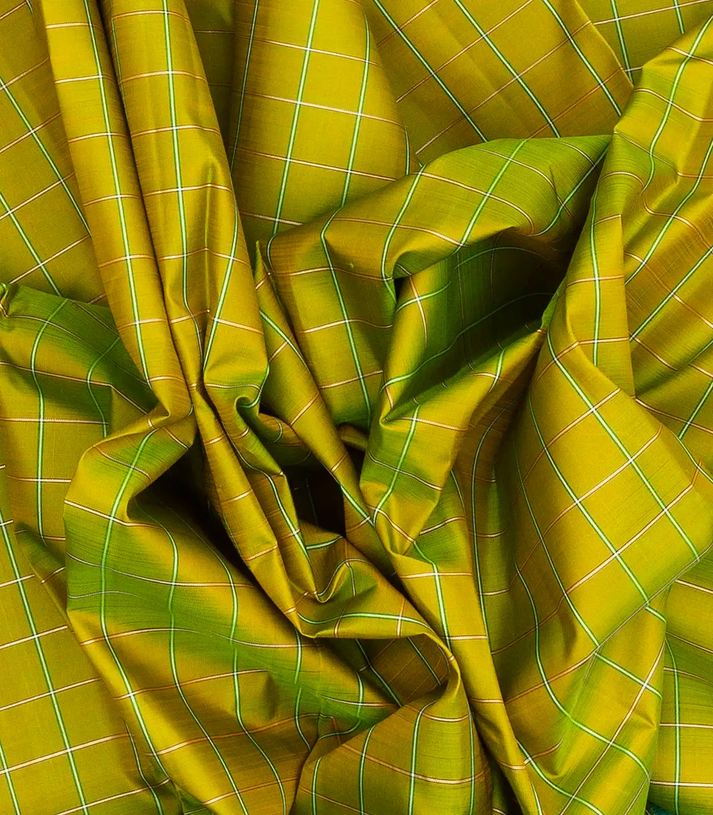 Olive Green Handloom Korvai Kanchipuram Silk Saree With Meena Checks