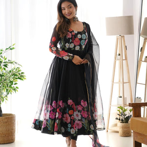 Organza Silk Hand Work Anarkali Kurti Dupatta Pant Set ( Ready to Wear)