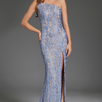 Applique Fitted One Shoulder Slit Gown by Jovani 43753