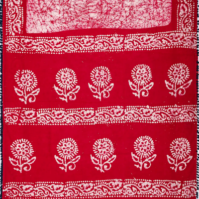 Taupe Jaipur Cotton Saree With Tie & Dye Motifs & Red Border