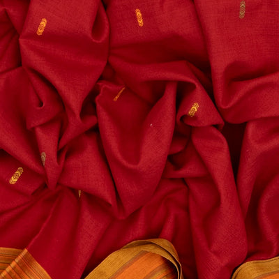 Red Handloom Bhujodi Cotton Saree With Bhujodi/kutch style buttis