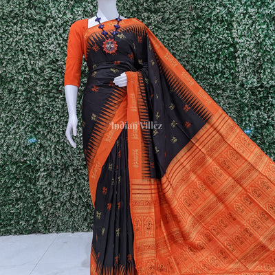 Black Orange Tribal Sambalpuri Ikat Bomkai Silk Saree