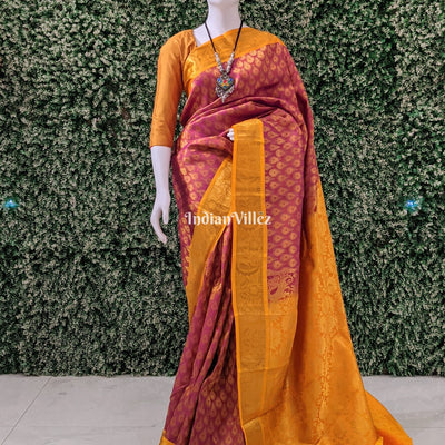 Rose Pink Golden Pure Kanjivaram Silk Saree