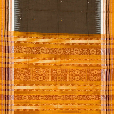 Dark Grey Handloom Orissa Cotton Saree With Mustard Tie & Dye Motifs