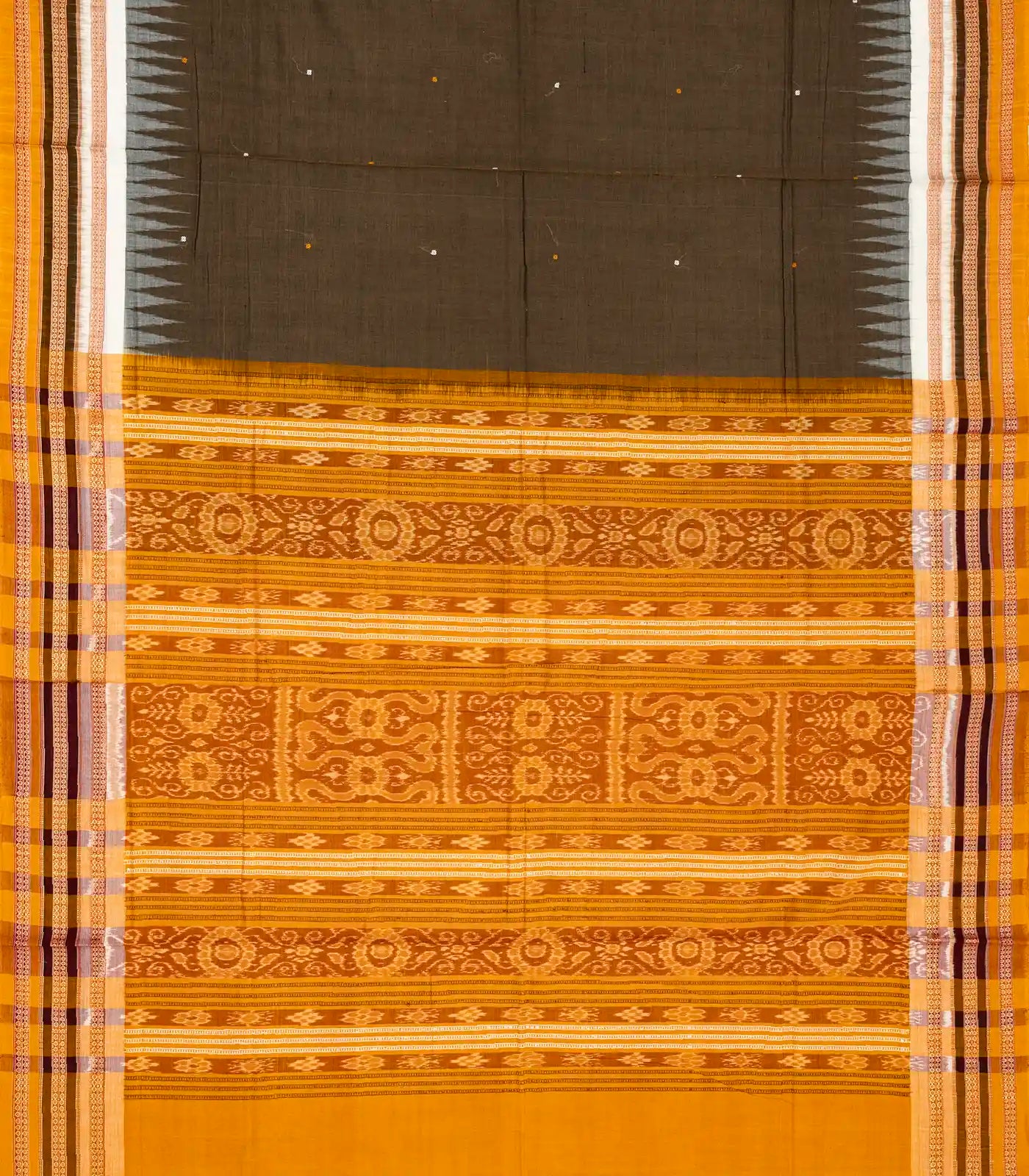 Dark Grey Handloom Orissa Cotton Saree With Mustard Tie & Dye Motifs