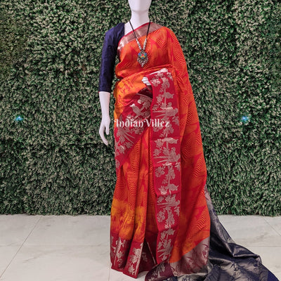 Red Orange Forest Theme Pure Kanchipuram Silk Saree
