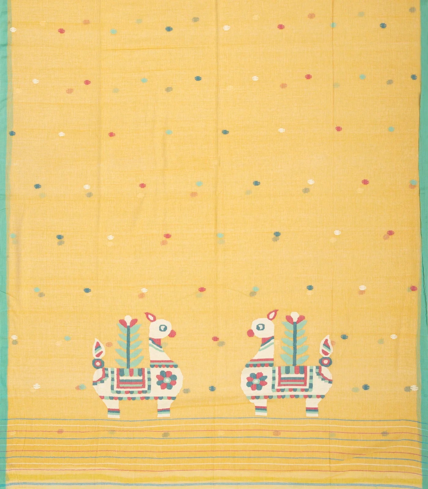 Sandal Handloom Bengal Cotton Saree With Jamdnai Llama Motifs in the Pallu
