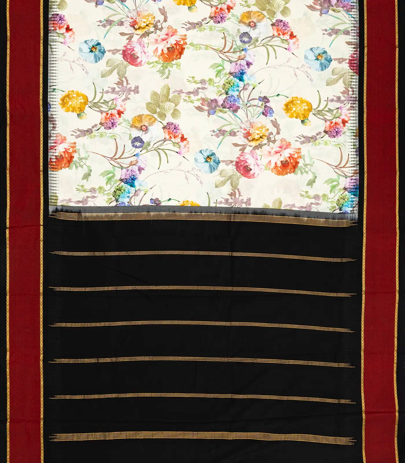 Off White Handloom Kanchipuram Korvai Silk Saree Printed With Floral Motifs